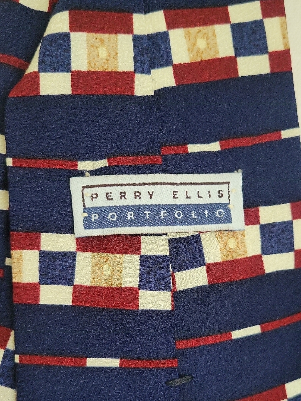Vintage Perry Ellis Portfolio Silk Tie Blue With Red & Cream  Geometric Blocks